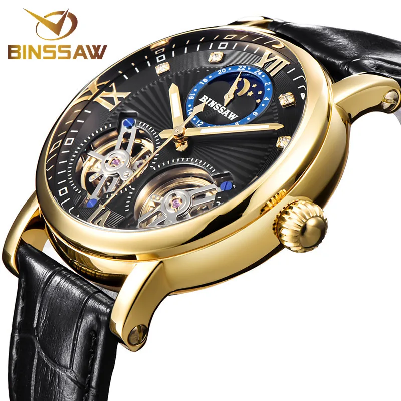 

BINSSAW Mens Automatic Mechanical Steel Tourbillon Luxury Brand Watch Fashion Business Leather Sports Watches Relogio Masculino