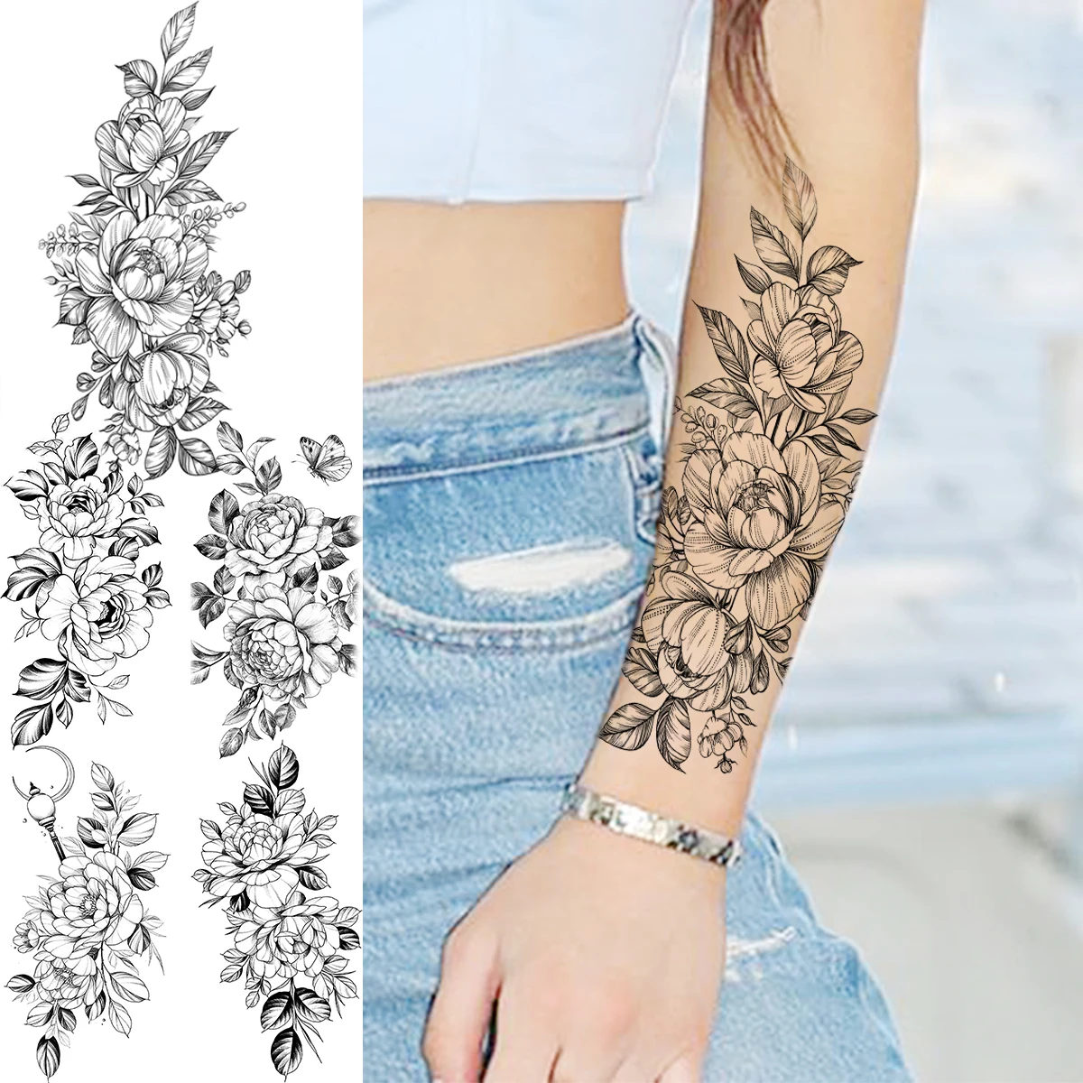 Black Peony Flower Forearm Temporary Tattoos For Women Adult Rose Moon Butterfly Fake Tattoo Fashion Washable Half Sleeve Tatoos
Black Peony Flower Forearm Temporary Tattoos For Women Adult Rose Moon Butterfly Fake Tattoo Fashion Washable Half Sleeve Tatoos