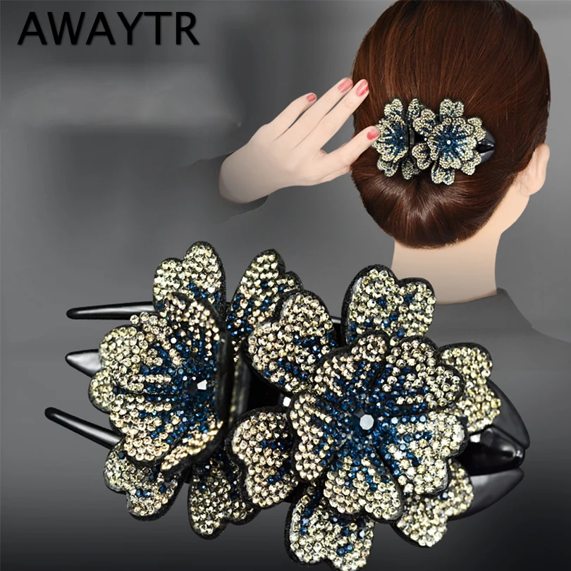 

AWAYTR Female Large Rhinestone Double Flower Hair Claw Duckbill Clip Headdress Hairpin Plate Hair Grab Fashion Hair Accessories