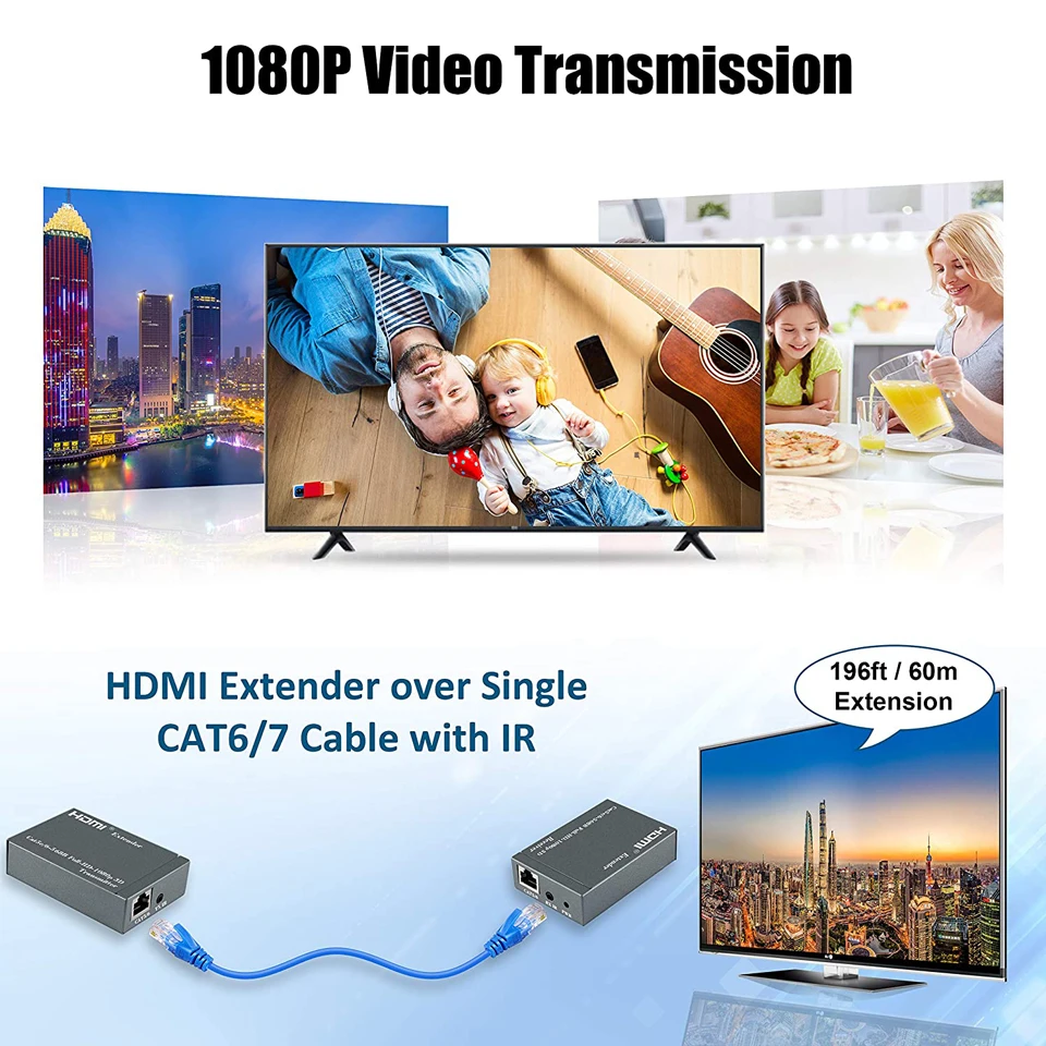 Удлинитель HDMI 1080P 60 м Ретранслятор кабели Ethernet Cat6 Cat7 с ИК функцией передатчик RJ45