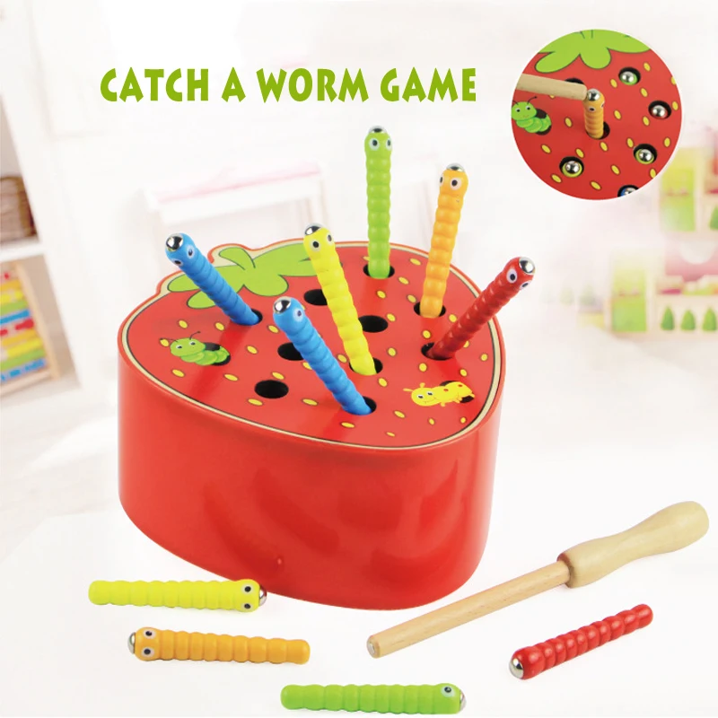 

3D Puzzle Baby Wooden Early Childhood Educational toys Catch Worm Game Color Cognitive Ability Magnetic Strawberry Apple