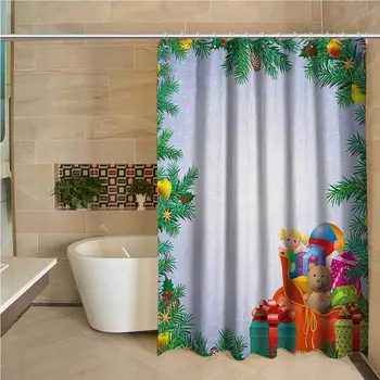 

New Year 3D Printed Shower Curtain Childrens Toys Composition Inside a Bag of Santa Teddy Bear Ball Ornate Boxes Hotel Quality