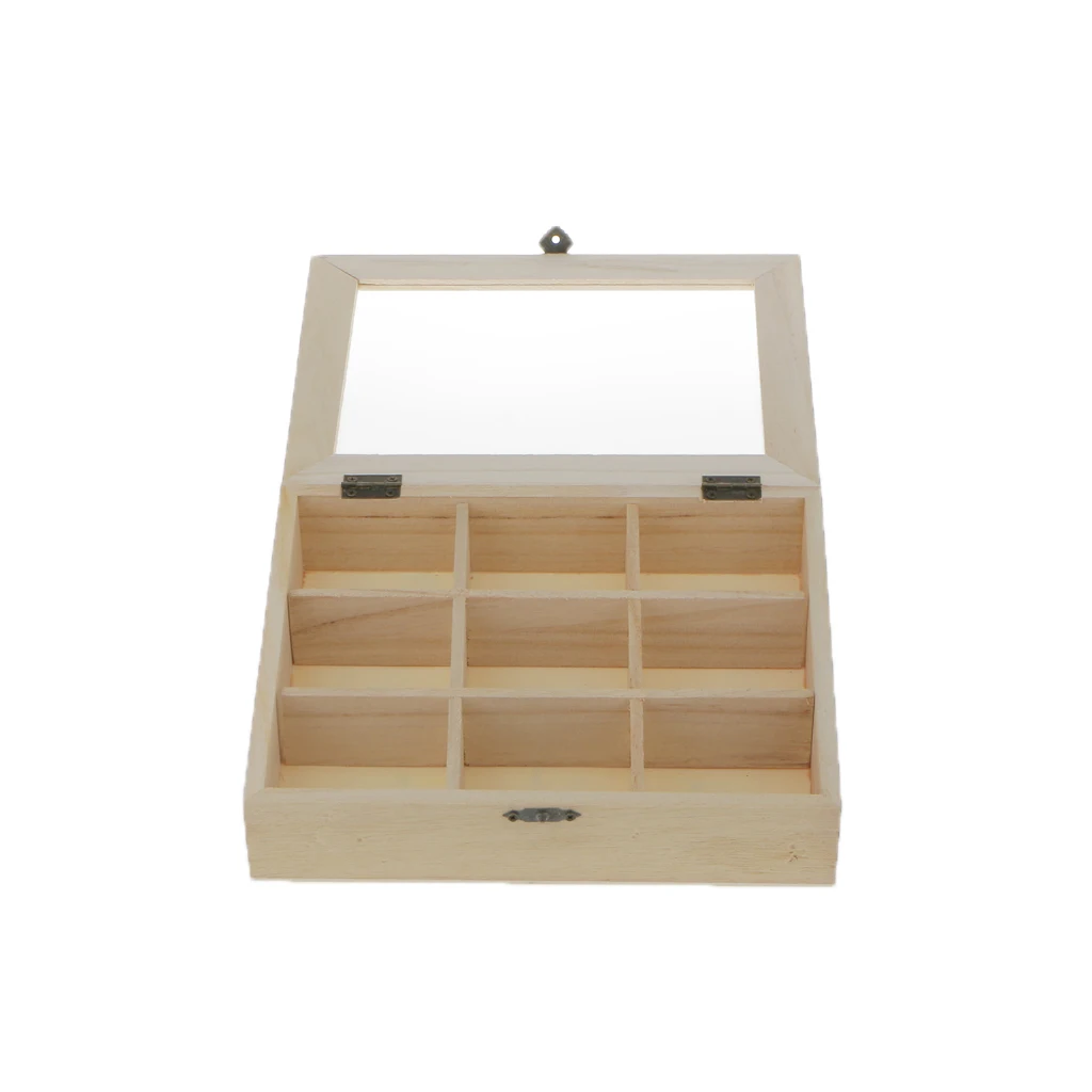 UNPAINTED PLAIN WOODEN GLASS LID 9 GRIDS CHEST JEWELRY STORAGE BOX ART CRAFT UNPAINTED PLAIN WOODEN GLASS LID 9 GRIDS CHEST JEWELRY STORAGE BOX ART CRAFT