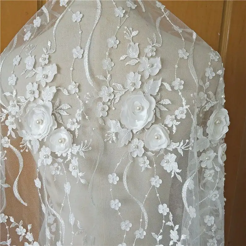 3D Satin Rose Flower Lace Fabric, Floral Leaf Embroidered Fabric, Pearl Beaded Lace Fabric, Off White Floral Bridal Fabric
3D Satin Rose Flower Lace Fabric, Floral Leaf Embroidered Fabric, Pearl Beaded Lace Fabric, Off White Floral Bridal Fabric