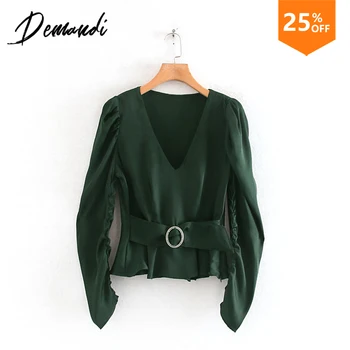 Demandi 2020 spring women's silk texture V-neck belt decoration waist was thin long-sleeved elegant top
Demandi 2020 spring women's silk texture V-neck belt decoration waist was thin long-sleeved elegant top