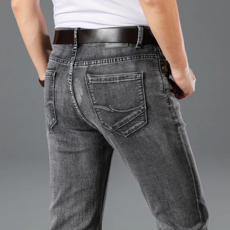 Jeans Men Regular Cut Business Stretch Light Blue Gray Spring Summer Straight Casual Men's Jeans