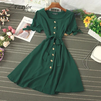 Fitaylor Women Summer Square Collar Short Sleeve Vintage Dress Elegant Single Breasted Sash Tie Up High Waist Slim Dresses
Fitaylor Women Summer Square Collar Short Sleeve Vintage Dress Elegant Single Breasted Sash Tie Up High Waist Slim Dresses