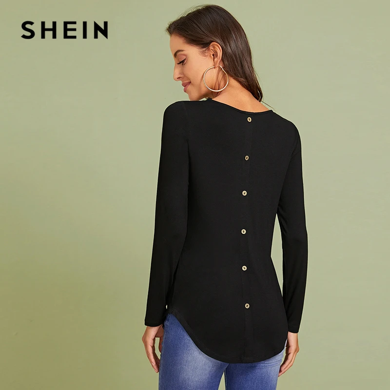 

SHEIN Black Button Back Asymmetrical High-low Hem Tee Women Tops Autumn Round Neck Long Sleeve Loose Solid Casual T-shirts