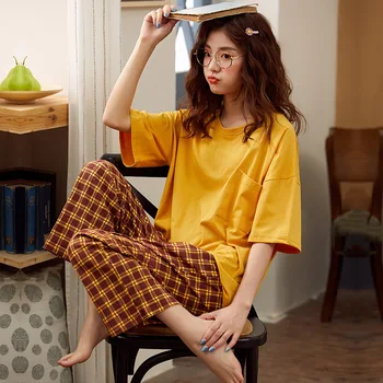 Women Sleepwear Pajamas Sexy Summer Casual Homewear Short Sleeve Feamle Loose Cotton Pijama Pyjama Set Long Plaid Pants 2020
Women Sleepwear Pajamas Sexy Summer Casual Homewear Short Sleeve Feamle Loose Cotton Pijama Pyjama Set Long Plaid Pants 2020