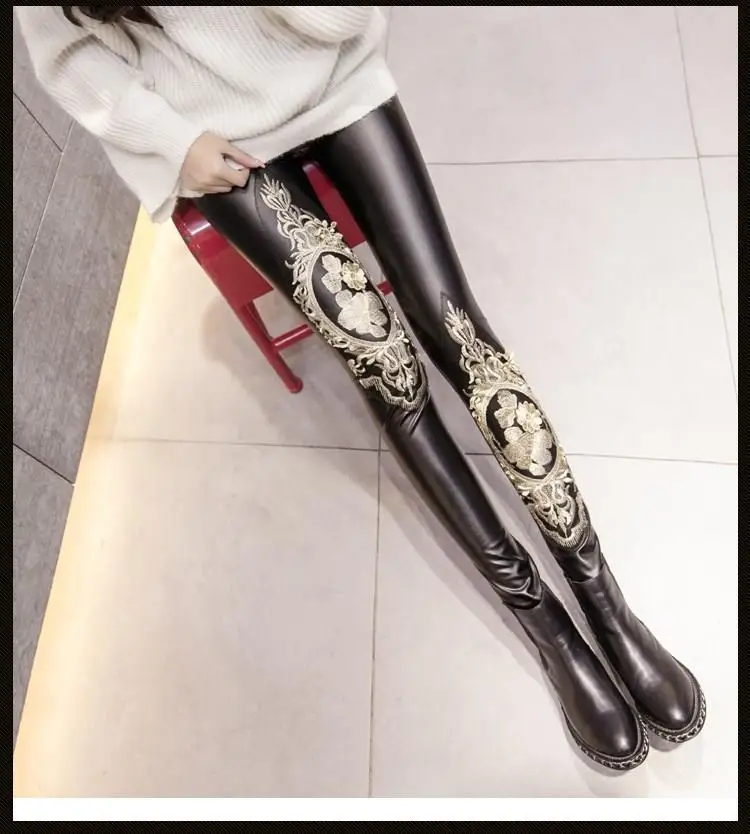 Sexy Black Warm Leather Leggings Casual Lace Embroidery Velvet Faux Leather Leggins Mujer Women High Waist Pants 
Sexy Black Warm Leather Leggings Casual Lace Embroidery Velvet Faux Leather Leggins Mujer Women High Waist Pants