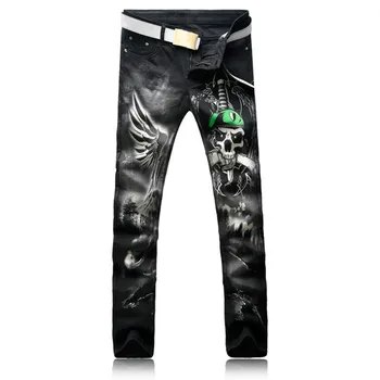 Fashion Men's Skull Printed Jeans Hip Hop Mens Color Pattern Black Denim Pants Five-Pocket Jean Trousers for Men 
Fashion Men's Skull Printed Jeans Hip Hop Mens Color Pattern Black Denim Pants Five-Pocket Jean Trousers for Men