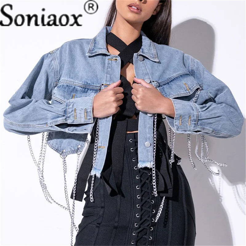 Loose Fit Metal Chain Decoration Short Denim Jacket New Lapel Long Sleeve Sexy Backless Women Coat Fashion Spring Autumn 2021
Loose Fit Metal Chain Decoration Short Denim Jacket New Lapel Long Sleeve Sexy Backless Women Coat Fashion Spring Autumn 2021