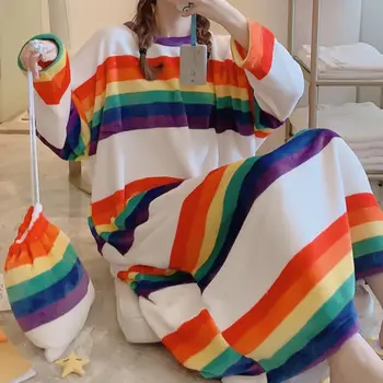 Women Winter Warm Nightgown Thicken Flannel Rainbow Stripes Sleepwear 
Women Winter Warm Nightgown Thicken Flannel Rainbow Stripes Sleepwear