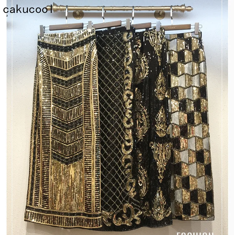 

Cakucool Retro Sequined X Long Skirt Vintage Beading Empire Gold Silm Bodycon Runway Bohemian Back Slit pencil Skirt Jupe Sequin