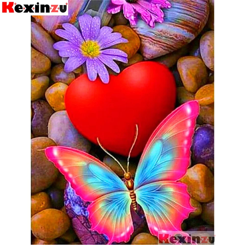 Камни в форме ромба/круглый 5d алмазная живопись-красное сердце Butterfly-3d Вышивка