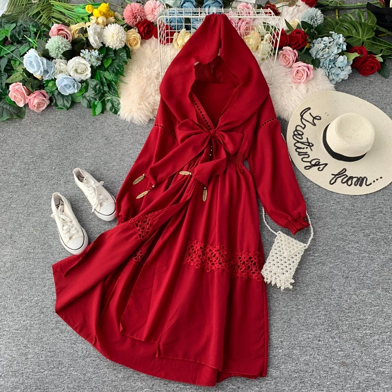 Runway Designer 2019 Women Hooded Dress Elegant V-neck Long Sleeve Autumn Red Dress Vintage Hollow Out Embroidery Midi Dress
Runway Designer 2019 Women Hooded Dress Elegant V-neck Long Sleeve Autumn Red Dress Vintage Hollow Out Embroidery Midi Dress