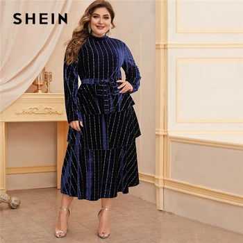 

SHEIN Plus Size Mock Neck Striped Velvet A-line Dress Women Spring Winter Long Sleeve High Waist Glamorous Elegant Long Dresses