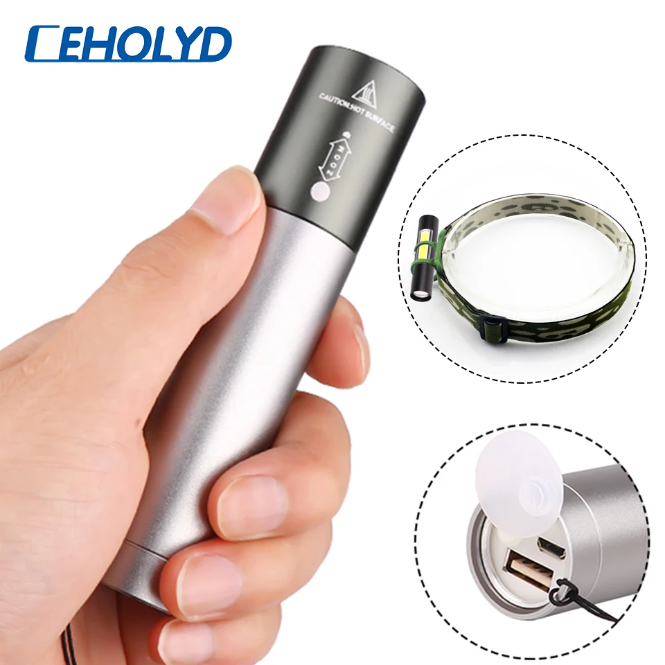 

2 in 1 XM-L T6 Power bank LED Flashlight torch 3 modes switch zoom lens built in rechargeable 18650 battery head flashlight lamp