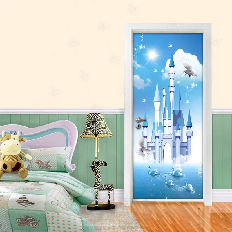 Blue-Sky-White-Clouds-Swan-Lake-Blue-Castle-3D-Children-Room-Bedroom-Door-Decoration-Sticker-Self (1)