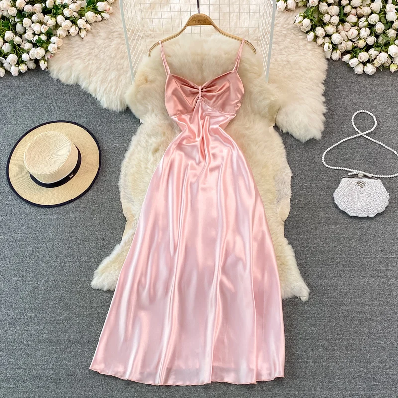 

Super Fairy Women Beach Dress Seaside Holiday Spaghetti Strap Dress Fashion Backless Sleeveless Girl's Satin Slip Dresses