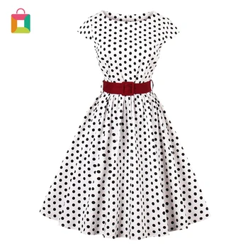 Women retro white polka dot print dress round neck red belt A-line women's Hepburn style dress includes red belt Glittery
Women retro white polka dot print dress round neck red belt A-line women's Hepburn style dress includes red belt Glittery