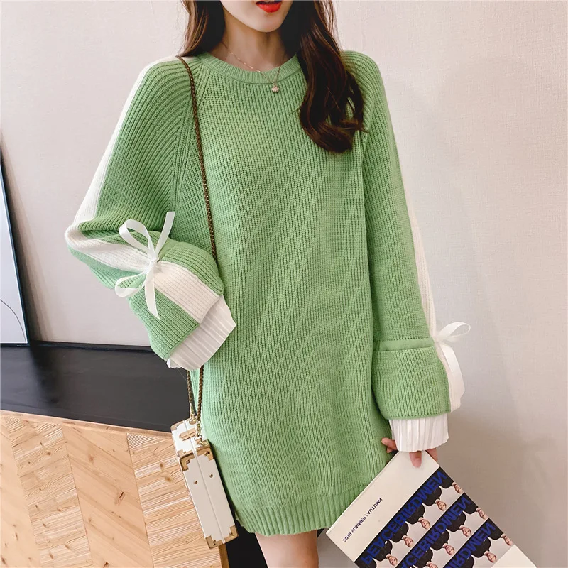 Autumn and Winter New Net Red with The Same Paragraph Small Fresh Bow Horn Sleeves Loose Mid-length Pullover Sweater Women
Autumn and Winter New Net Red with The Same Paragraph Small Fresh Bow Horn Sleeves Loose Mid-length Pullover Sweater Women