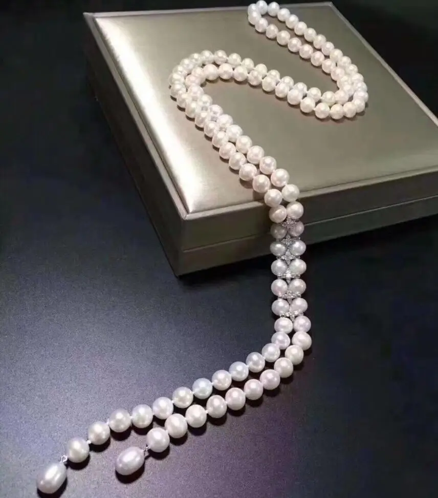 

free shipping noble jewelry long 9-10mm Freshwater white pearl necklace
