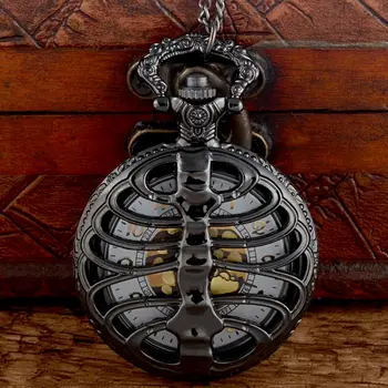 

New Fashion Black Steampunk Spine Ribs Hollow Quartz Pocket Watch Chains Vintage Men Women Skull Pendant Necklace Clock Gift