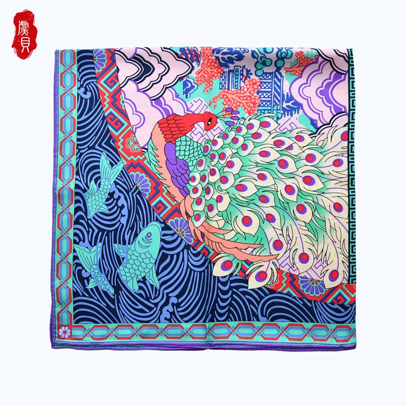 Китайский классический синий шелковый шарф Женская шаль с рисунком павлина