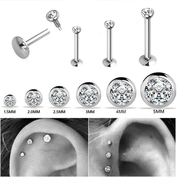 

PAIR Surgical Steel Flat CZ Gem Ear Cartilage Tragus Helix Piercing Labret Lip Studs Ring Internally Thread 16g Body Jewelry