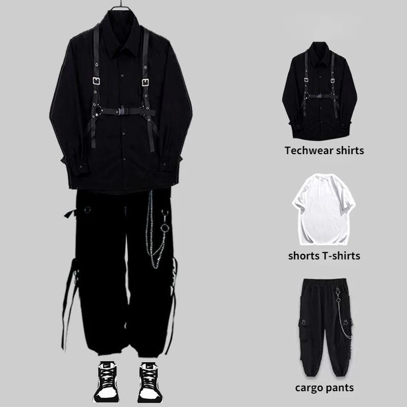 Мужские комплекты HOUZHOU Techwear черные брюки-карго мужской комплект рубашек с