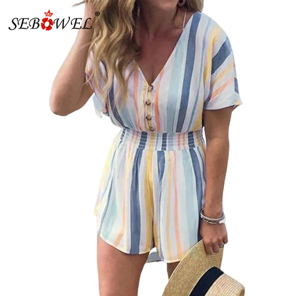 SEBOWEL Summer Striped Print V-neck Button Romper for Women Short Sleeve Playsuit Female Casual Short Jumpsuit Lady Streetwear 
SEBOWEL Summer Striped Print V-neck Button Romper for Women Short Sleeve Playsuit Female Casual Short Jumpsuit Lady Streetwear
