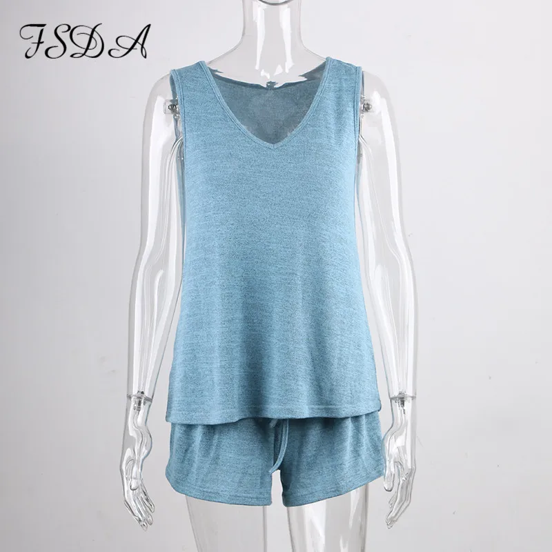 FSDA V Neck Knit Summer Sleeveless T Shirt And Shorts Casual Two Piece Women Sets Striped White Outfits