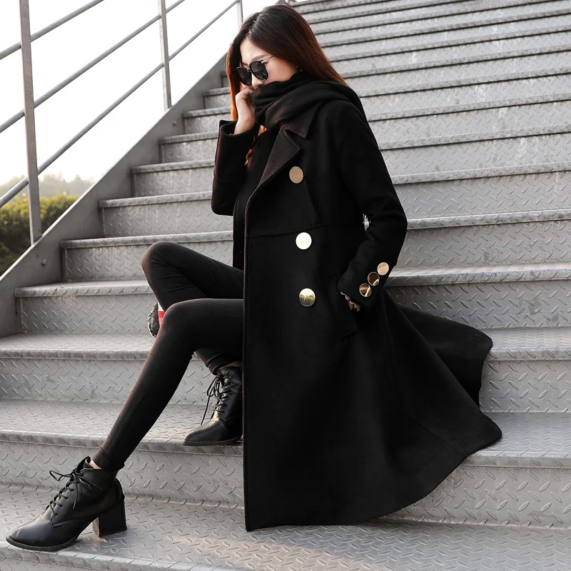 Woolen coats female winter Women Black Elegant Wool Coats double breasted Long Sleeve slim wool blends warm coat | Женская одежда