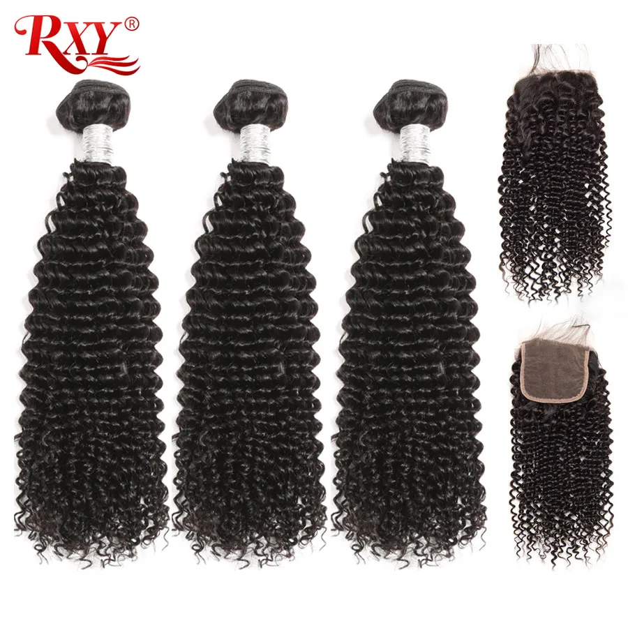 

RXY Brazilian afro Kinky Curly Hair Weave 3 Bundles With Closure Top Human Hair Bundles With Closure 4pcs/lot Deals Weft Remy