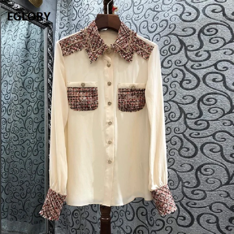 High Quality Silk Blouses 2021 Spring Tops Shirt Women Turn-down Collar Color Block Wool Patchwork Long Sleeve Shirt Female
High Quality Silk Blouses 2021 Spring Tops Shirt Women Turn-down Collar Color Block Wool Patchwork Long Sleeve Shirt Female