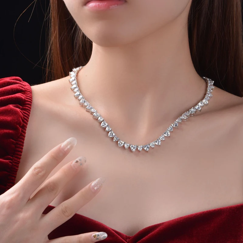 OEVAS 100% 925 Sterling Silver 6*6mm Heart High Carbon Diamond 43cm Chains Necklace For Women Sparkling Wedding Fine Jewelry