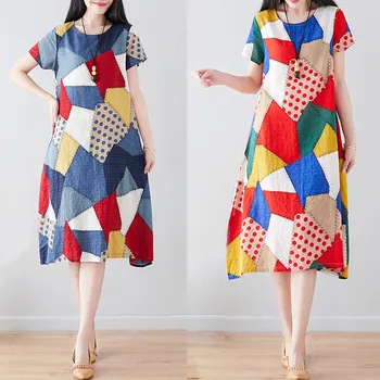 High-quality Korean Style Dress Women Plus Size Cotton Linen Printed O-neck Short-sleeved Large Swing Dresses vestidos платье
High-quality Korean Style Dress Women Plus Size Cotton Linen Printed O-neck Short-sleeved Large Swing Dresses vestidos платье