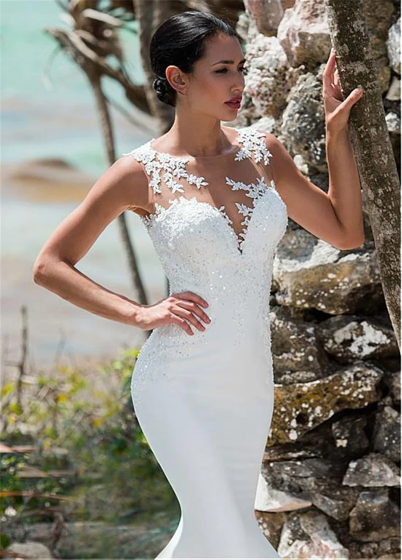 Vestido Novia Open Back Mermaid Wedding Dress 2020 White Ivory Stain Wedding Gowns Lace Appliques Sweep Train Bride Dress (1)