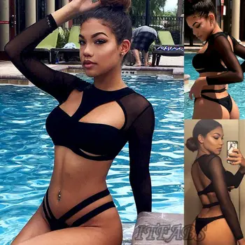 Two Piece Swimsuit Summer Sexy Women Mesh Long Sleeve High Waist Bikini Set Push Up Swimwear Bra+Bottom+Cover Up Swimsuit Black 
Two Piece Swimsuit Summer Sexy Women Mesh Long Sleeve High Waist Bikini Set Push Up Swimwear Bra+Bottom+Cover Up Swimsuit Black
