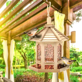 

Wooden Bird Feeder House Birdhouse Hanging Nest Feeder With Roof Home Garden Yard Decoration Outdoor Pet Decors Hexagon Shaped