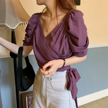 vintage puff sleeved purple women blouse 2020 summer new v-neck bandage short high waist lady elegant pulls tops 
vintage puff sleeved purple women blouse 2020 summer new v-neck bandage short high waist lady elegant pulls tops