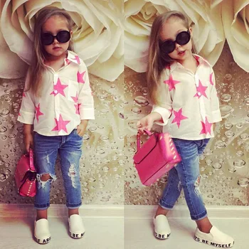BORUMEX European and American girls spring and autumn suit five-pointed star long-sleeved shirt / denim trousers children's suit 
BORUMEX European and American girls spring and autumn suit five-pointed star long-sleeved shirt / denim trousers children's suit