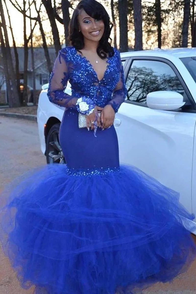 Mermaid Royal Blue Prom Dresses 2020 V Neck Backless Lace Appliqued Long Sleeve Beads Ruched Tulle Skirt Long Evening Gowns
Mermaid Royal Blue Prom Dresses 2020 V Neck Backless Lace Appliqued Long Sleeve Beads Ruched Tulle Skirt Long Evening Gowns