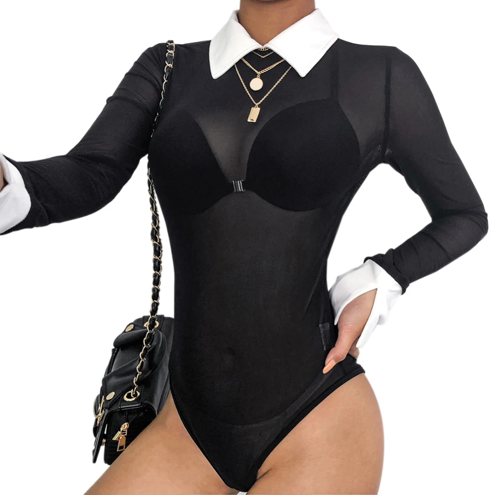 Sexy Mesh Jumpsuit Skinny Stitching Turn-down Collar Contrast Color Female Perspective Slim Long-sleeved Open Crotch Bodysuit
Sexy Mesh Jumpsuit Skinny Stitching Turn-down Collar Contrast Color Female Perspective Slim Long-sleeved Open Crotch Bodysuit