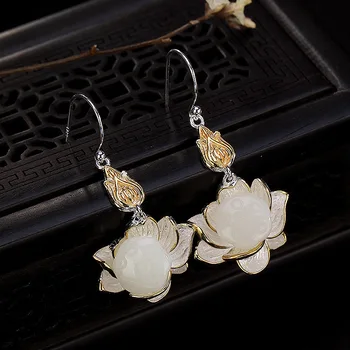 Ms one LuYin S925 pure silver inlay hetian jade white jade lotus lotus personality high-grade pendant earrings earrings 
Ms one LuYin S925 pure silver inlay hetian jade white jade lotus lotus personality high-grade pendant earrings earrings
