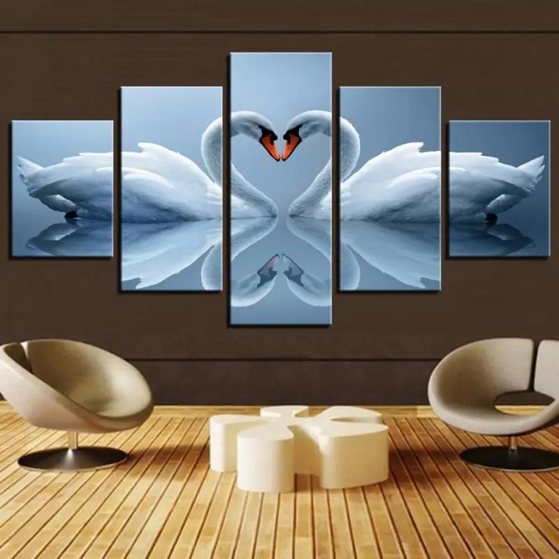 

Modern Home Decoractive Painting 5pcs White Swan Couples And Reflection Canvas Frameless Wall Art Prints Poster For Living Room