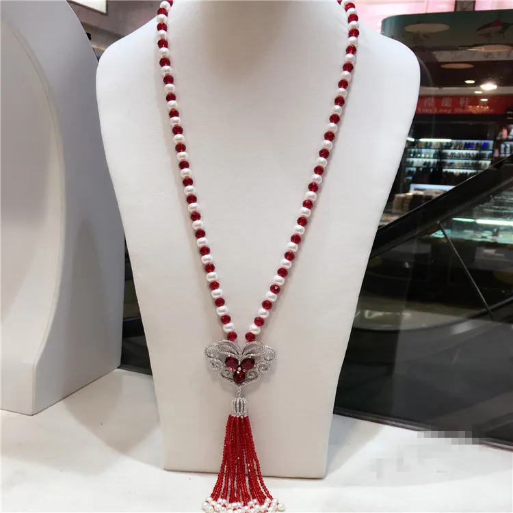 Hand knotted natural white freshwater pearl red glass long sweater chain zircon accessories necklace fashion jewelry
Hand knotted natural white freshwater pearl red glass long sweater chain zircon accessories necklace fashion jewelry