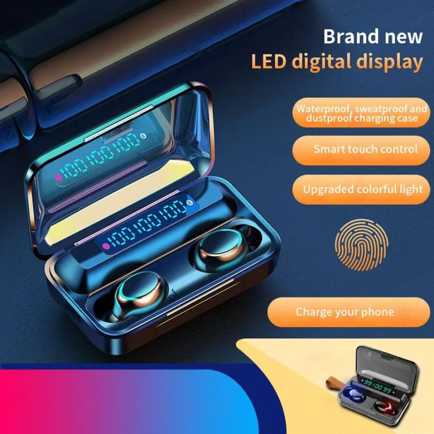 New portable Bluetooth V5.0 F9 TWS Wireless Headphone with hook 3 LED Display 2000mAh Power Bank Headset With Mic For xiaomi