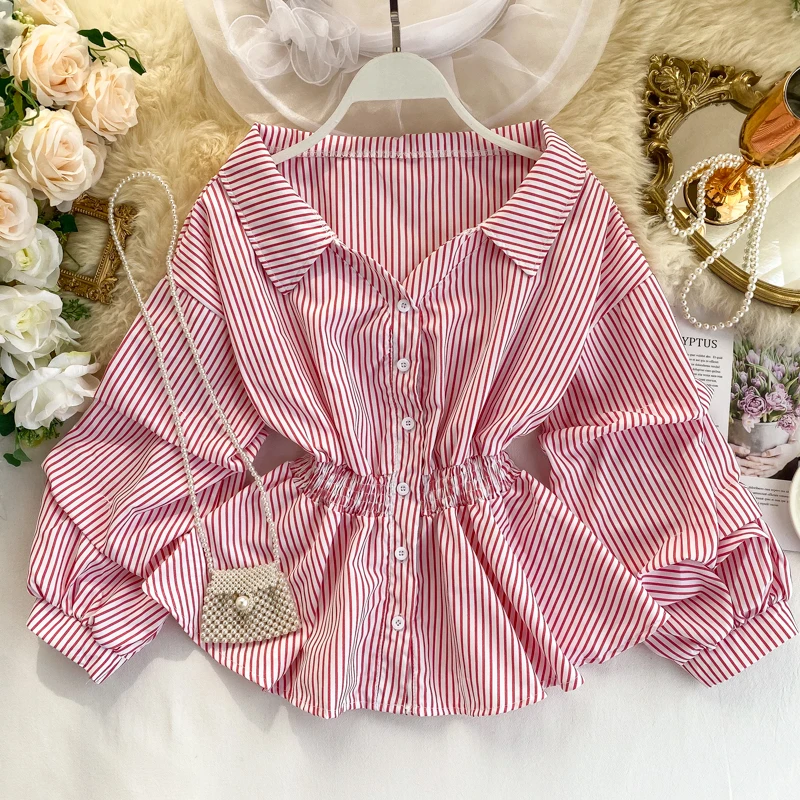 Chic Vintage Shirt Women's V Neck Long Sleeve Striped Short Tops Casual Blouses Korean Fashion Clothing Female
Chic Vintage Shirt Women's V Neck Long Sleeve Striped Short Tops Casual Blouses Korean Fashion Clothing Female